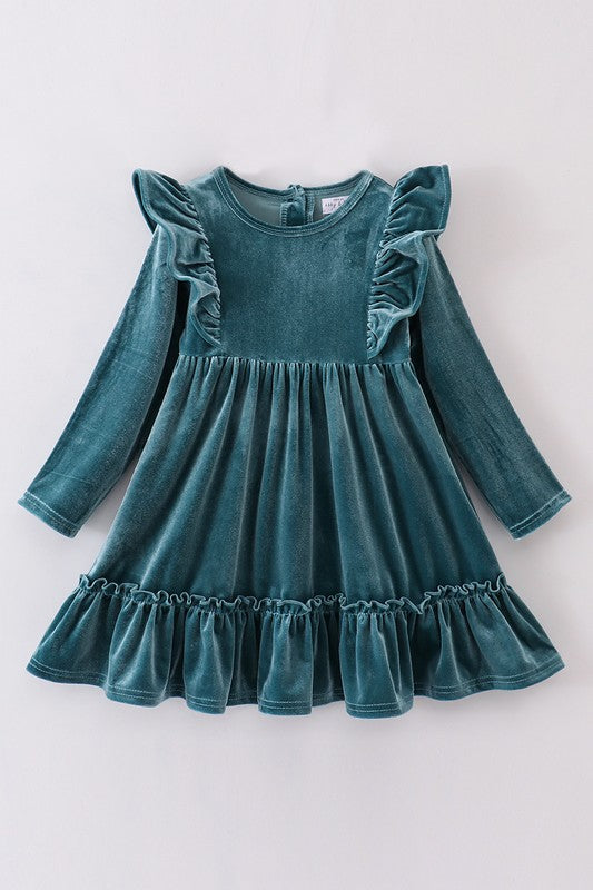 Emerald Velvet Ruffle Dress (Sizes 2-10)