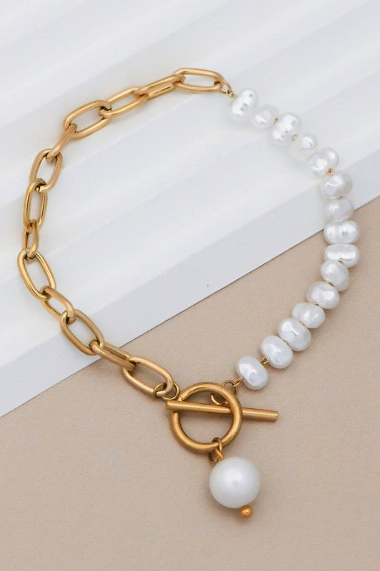 18K Stainless Steel Pearl Toggle Bracelet